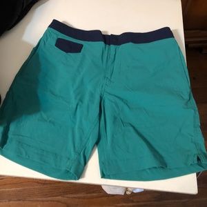 J Crew 29” waist green and blue swimming trunks.